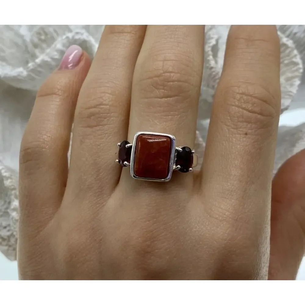 925 Sterling Silver Agate & Garnet Ring Size 9.5